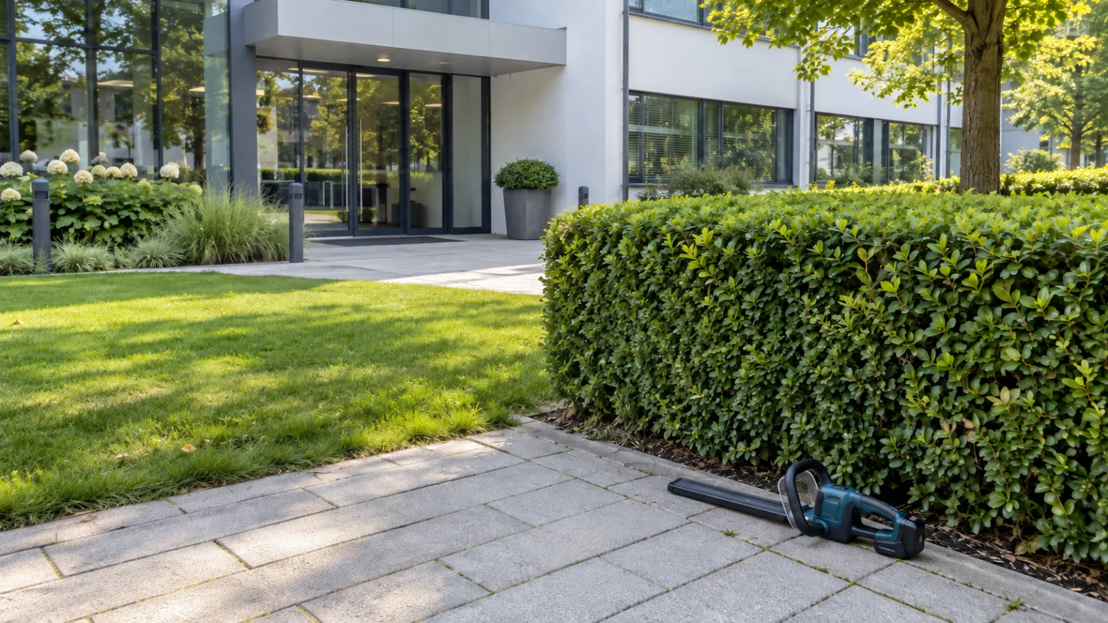 Gepflegte Grünanlage mit geschnittener Hecke, Rasen und einer sicher abgelegten Heckenschere.