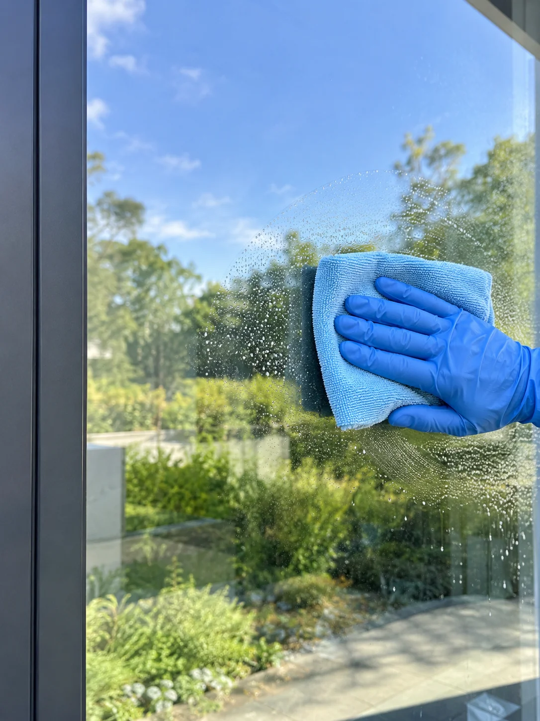 Eine blaue Handschuhhand wischt mit einem Mikrofasertuch über eine Glasfläche.