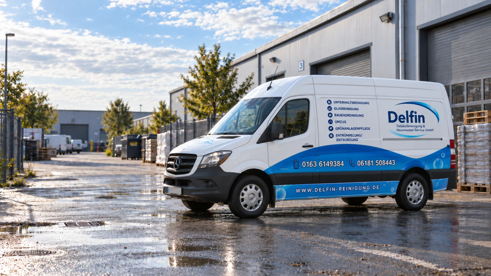 Delfin-Fahrzeug vor einem Gewerbegebäude in Hanau